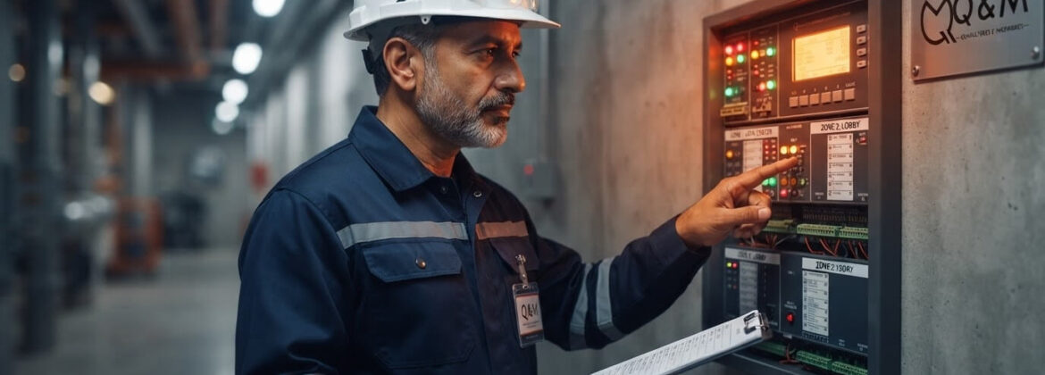 Ingeniero verificando sistema de detección y alarma durante inspección técnica de seguridad en edificaciones (ITSE)