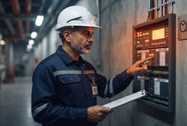 Ingeniero verificando sistema de detección y alarma durante inspección técnica de seguridad en edificaciones (ITSE)